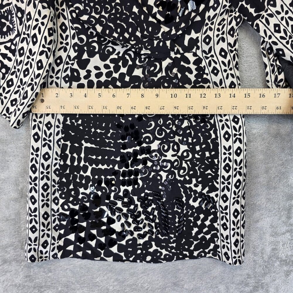 Vintage Nanette Lepore Blouse Womens 2 Black White Silk Sequin Embellished Boho - Picture 8 of 14